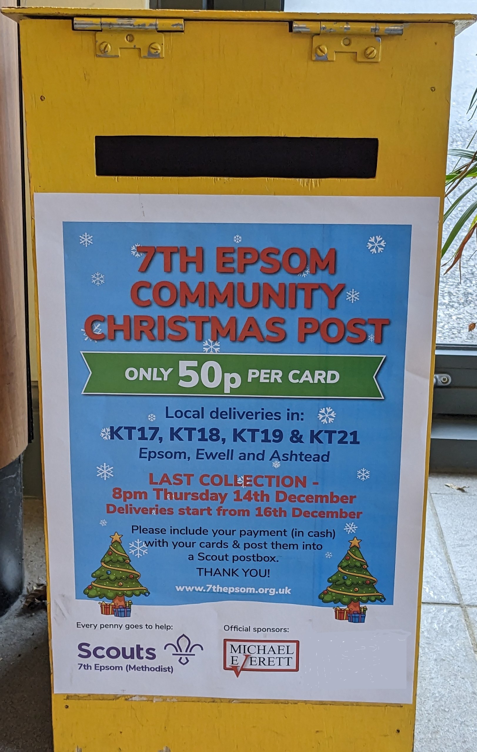 Yellow post box for 7th Epsom Community Christmas post